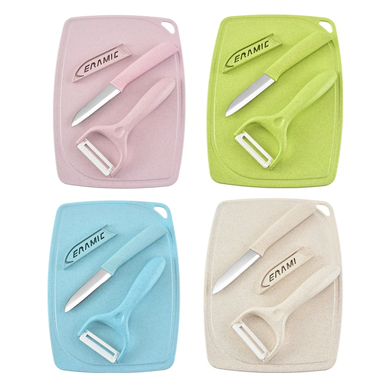 

Wholesale plastic wheat straw knife peeler chopping board set 3pcs small fruit cutting board for kitchen, Green/blue/pink/beige/custom