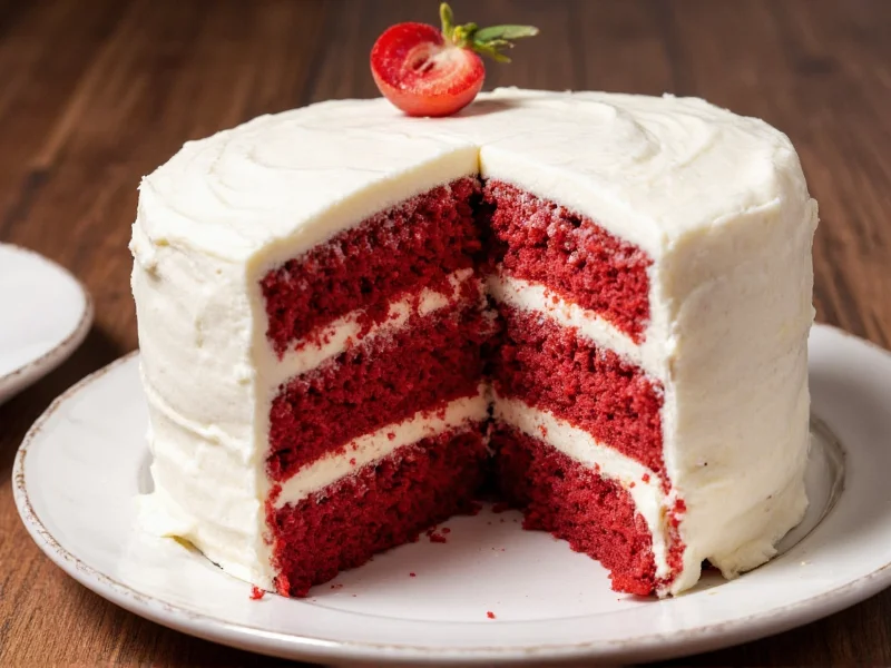 Homemade red velvet cake layers with cream cheese frosting