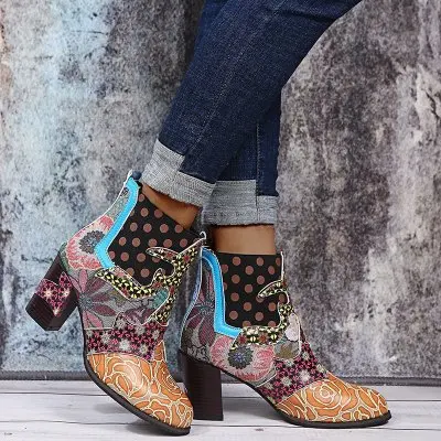 

Vintage Splicing Printed Ankle Boots For Women Shoes Woman Leather Retro Block High Heels Women Boots