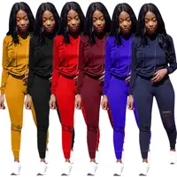 

A040102 wholesale 6 colors ripped hooded outfits two piece set women clothing