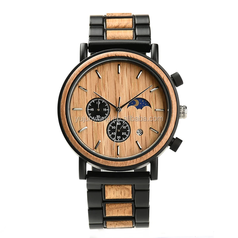 

Men Luxury Stainless Steel Wood Watch Golden Hour Waterproof Chronograph Moonphase Wrist Watch Wooden