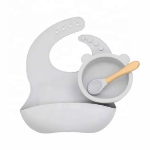 

Food Grade Silicone Baby Dinnerware Set Baby Silicone Feeding Suction Bib Bowl And Wood Handle Spoon 3 Pcs Sets