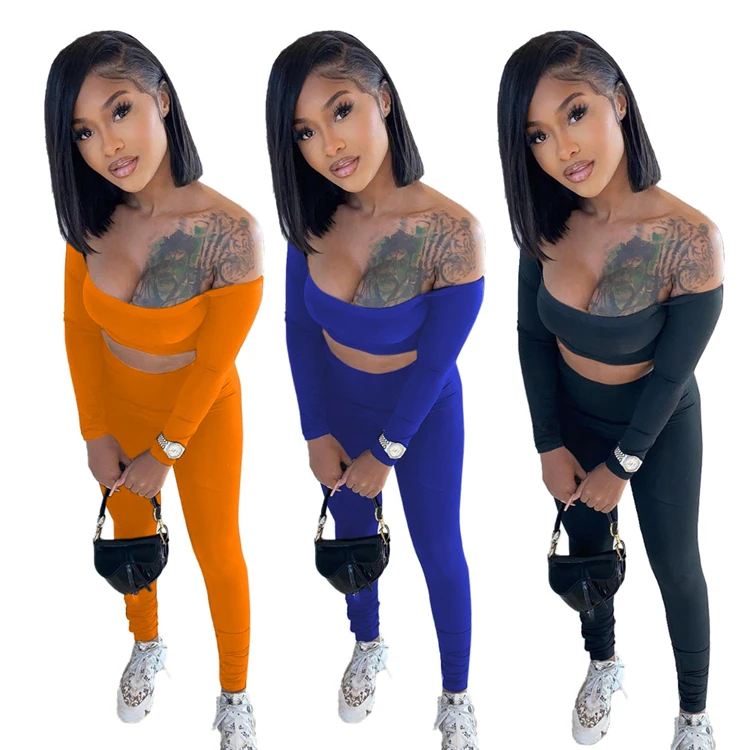 

DUODUOCOLOR 2021 Hot salling product sexy two piece women solid_color strapless long_sleeve casual tracksuit set D97449