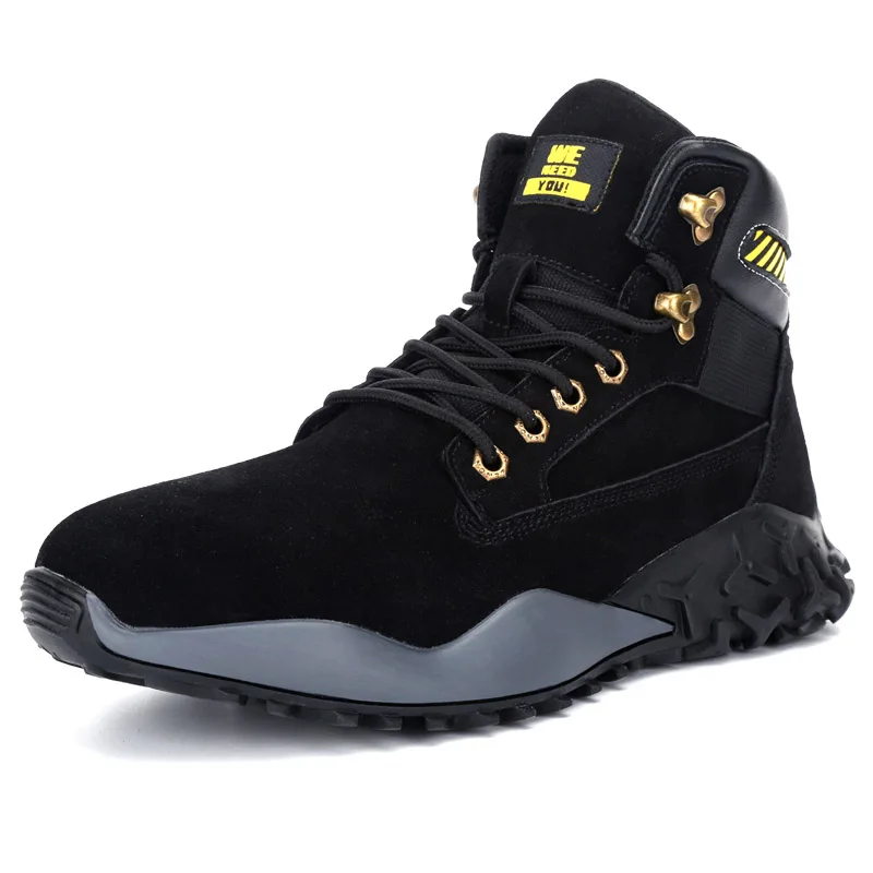 

Anti smashing waterproof high cut lightweight rubber industrial sport working sneaker brand safety shoes for men, Black yellow