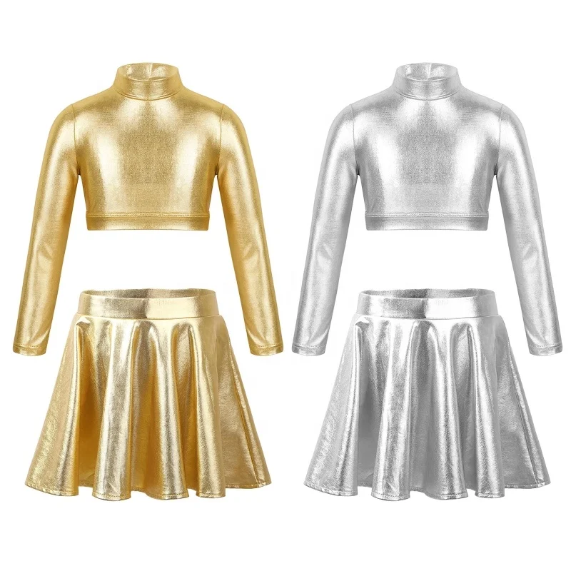 

Kids Girls Mock Neck Glossy Metallic Tanks Top and Flared Pleated Skort Skirt