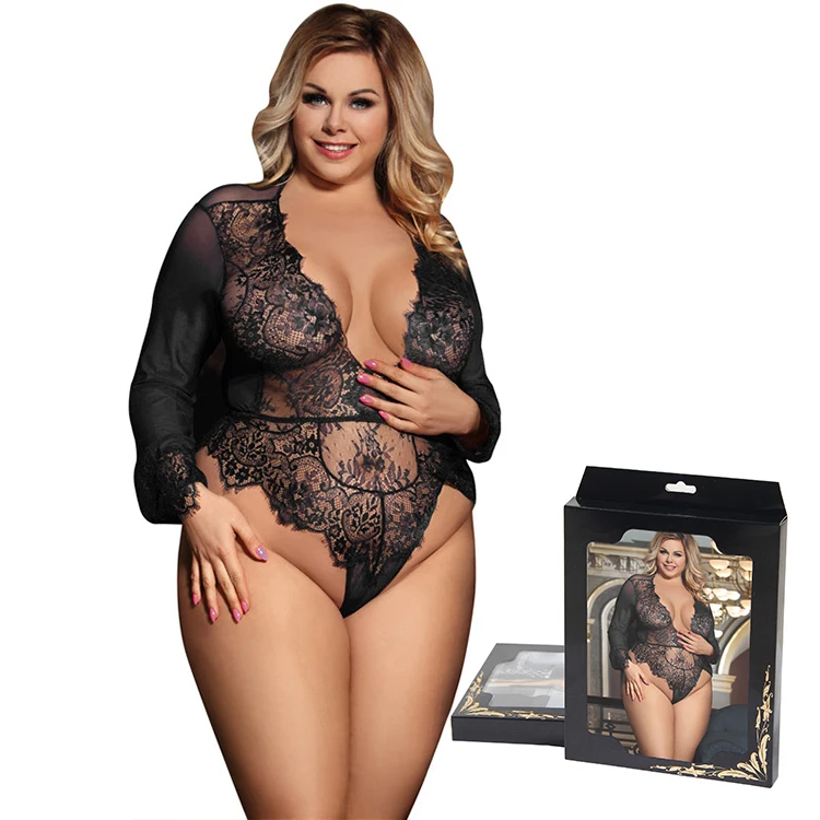 

Plus size Erotic Long Sleeve Bodysuit Lace Curvy Lingeries Wholesale Langery Sexy Black Women Body Suit