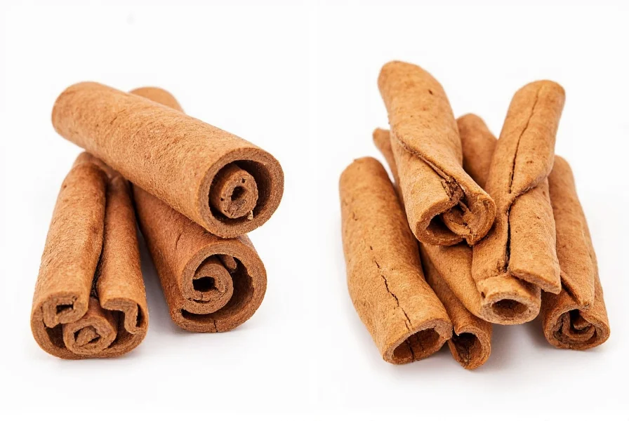 Comparison of Ceylon cinnamon quills versus cassia cinnamon sticks showing structural differences