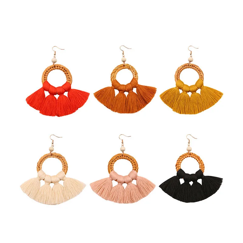 

European And American Exaggerated Earrings Fashion Ethnic Long Tassel Earrings Handmade Rattan Earrings For Women Ladies, As picture show