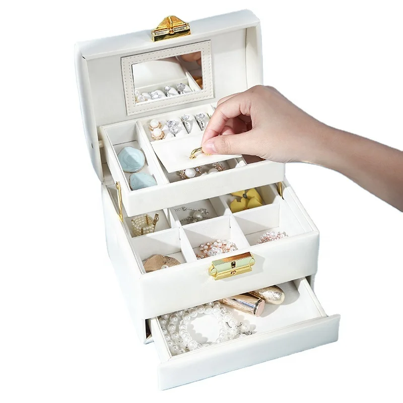 

Large Multilayer folding Jewelry Box with mirror Luxury PU Leather Necklace Ring Earring Jewellery Storage Case