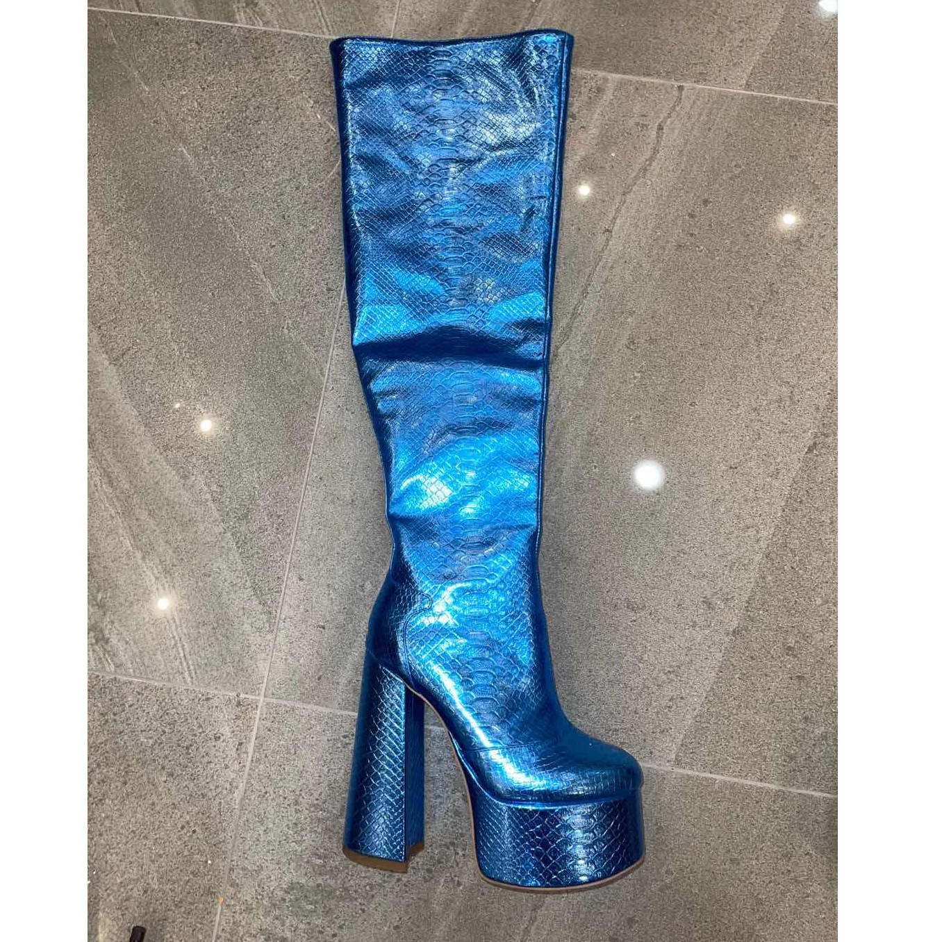 

Metallic PU Leather Snake Printing Round Toe Thigh High Women Platform Boots, Blue/plum
