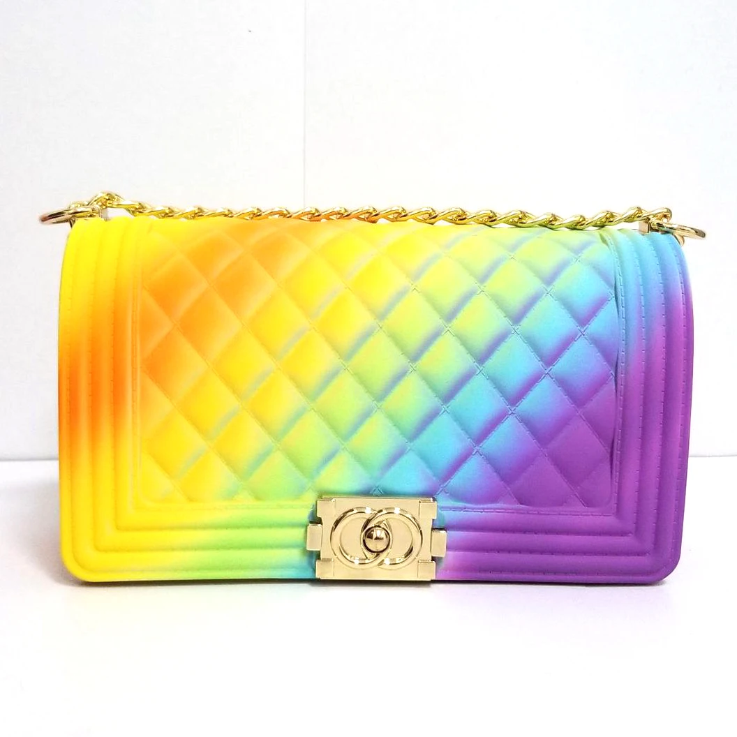 

2021 wholesale women's rainbow bag silicone jelly bags women handbags lady shoulder chain bags ready to ship, Rainbow pink or other