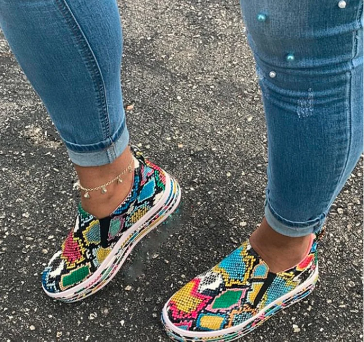 

New Snake Skin Sneakers Women Autumn Slip On Platform Sexy Ladies Comfortable Plus Size Female Fashion Casual Shoes, Flower color/purple