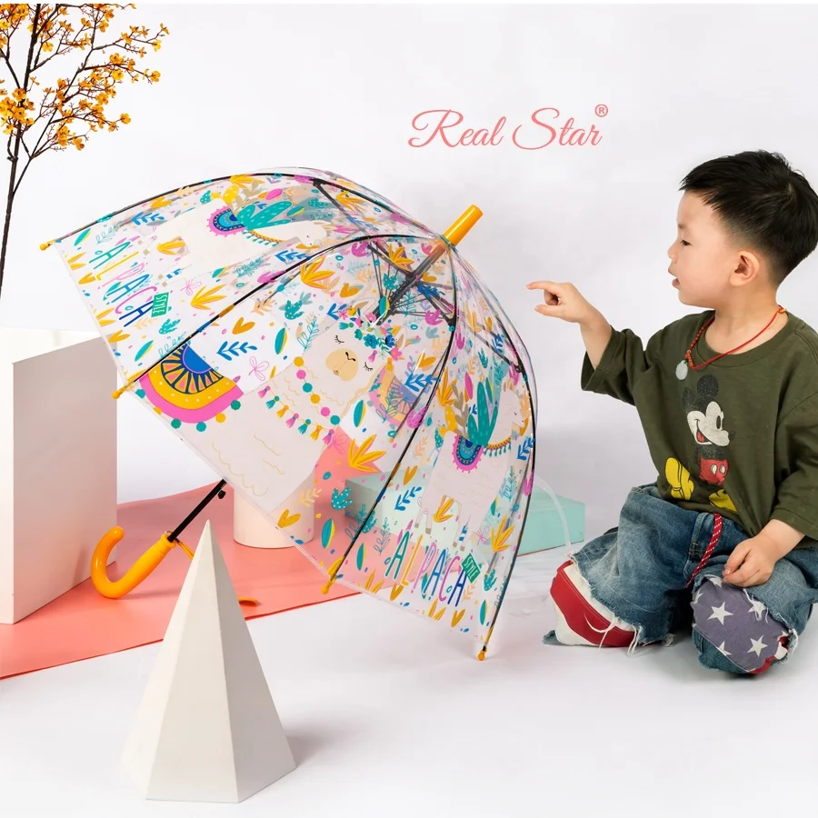 

RST new dome shape clear auto open Alpaca transparent kids umbrella animal printing clear baby umbrellas, 4 colors mix