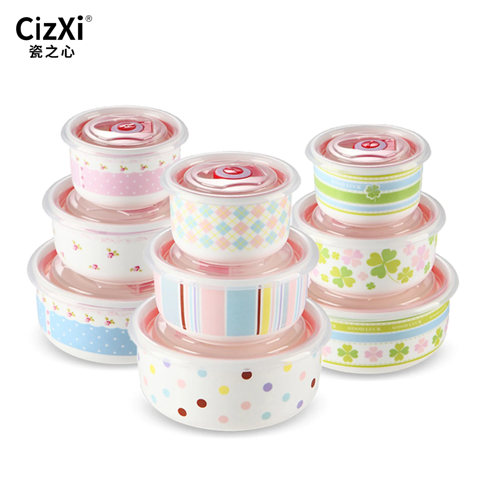 

Custom printed 3 set of porcelain storage ceramic fresh bowls with airtight lid, White