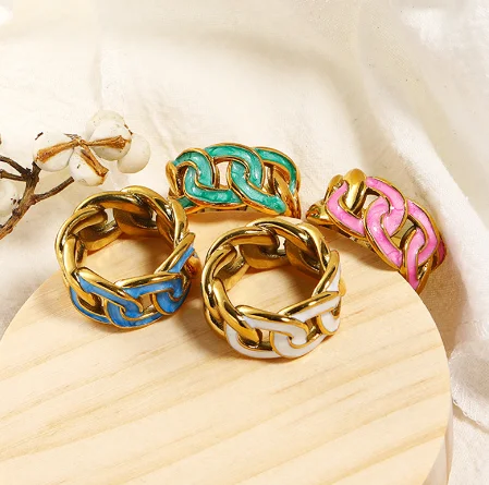 Waterproof  Lady Jewelry 18K Gold Plated Stainless Steel Colorful Oil Drip Enamel Link Chain Chunky Finger Rings YF3536