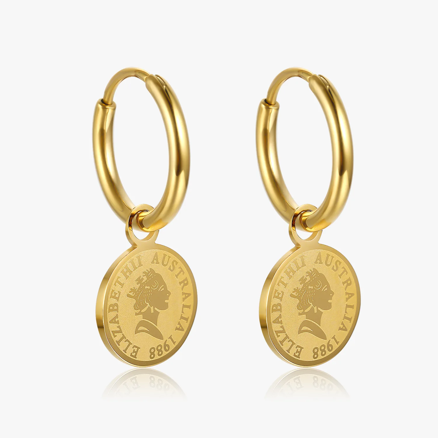 

French Style 18K Stainless Steel Rose Flower Square Portrait Elizabeth Gold Coin Hoop Earrings, 18k gold