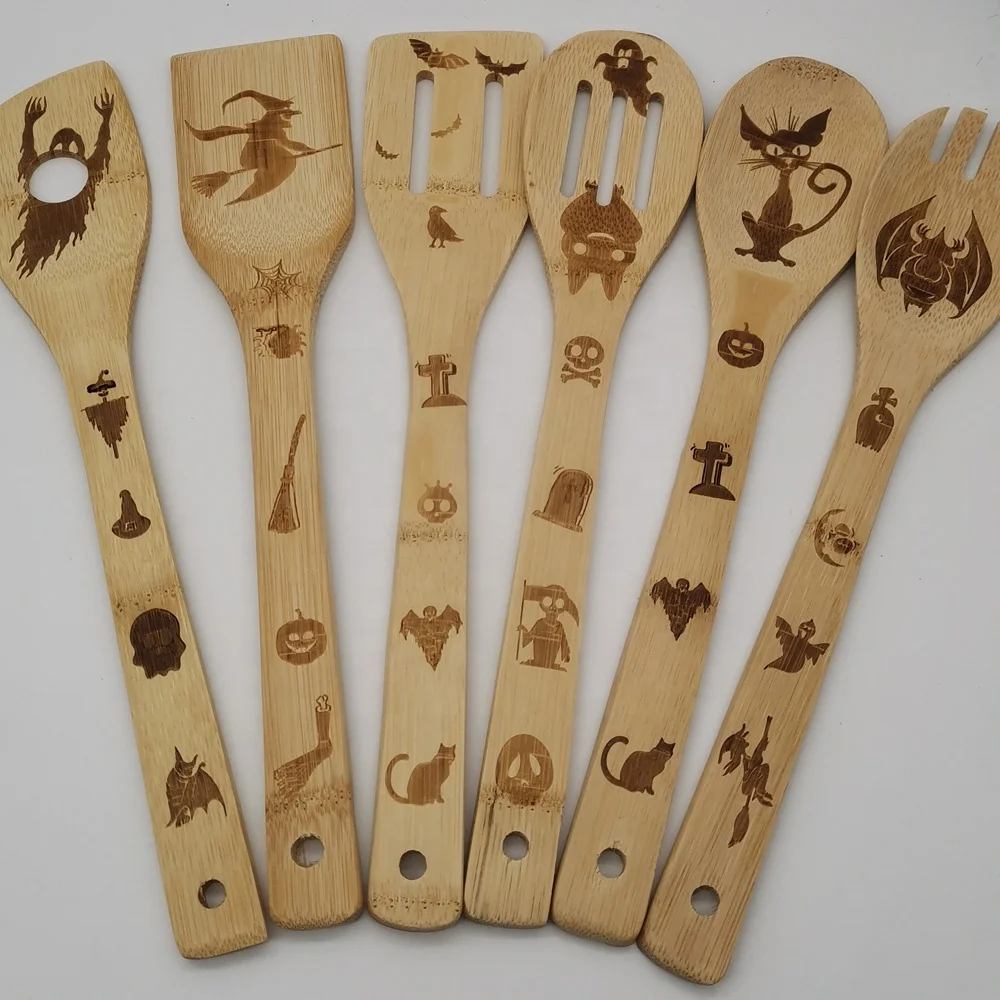 

6 pieces bamboo spoon spatula scolander fried shovel with laser engraving pattern, Natural