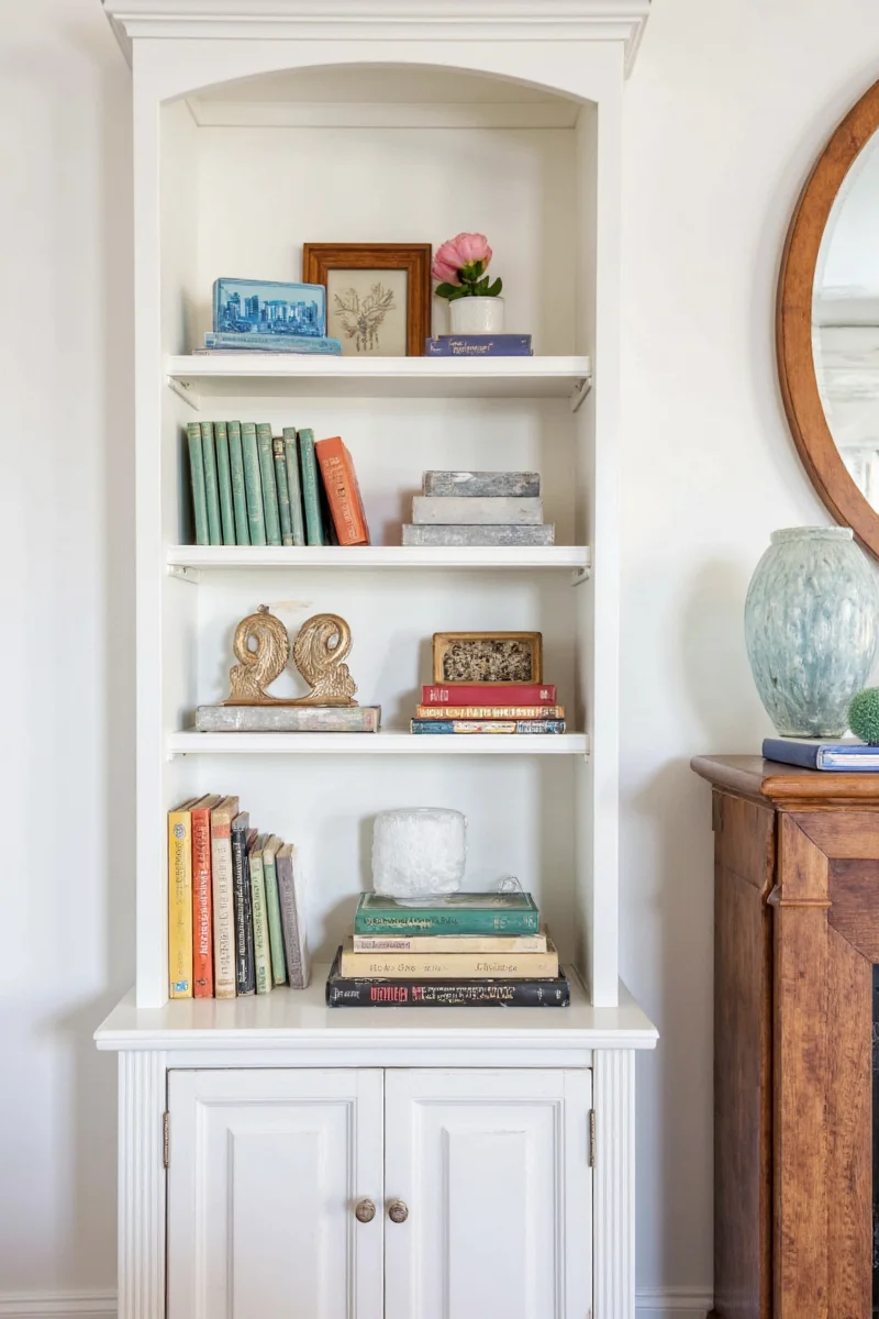 Family room with antique white bookcase