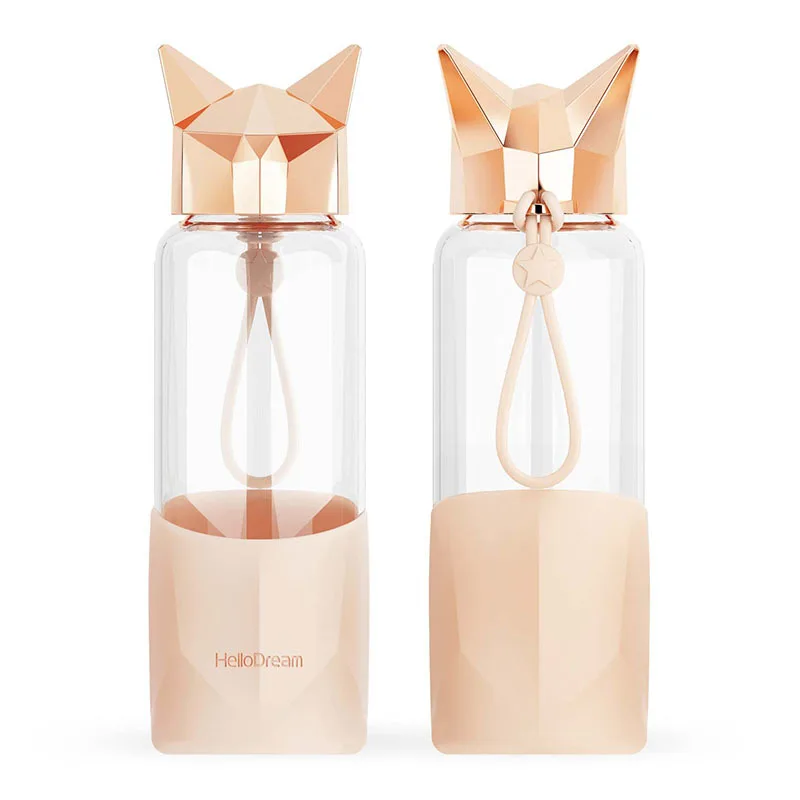 

New design fox shape 350ML glass water bottle portable glass bottle, Champagne, diamond blue