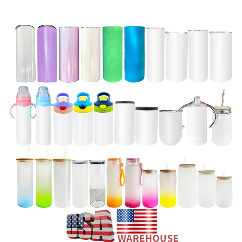 

USA WAREHOUSE Sublimation 12oz 16oz 20oz Transparent Frosted Gradient Multicolor Beer Glass Can 20oz 30oz White Straight Tumbler