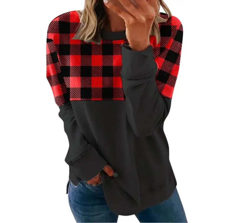 

2020 New Style Round Neck Long Sleeve Contrast Color Stitching Plaid Print Women Sweater T-shirt