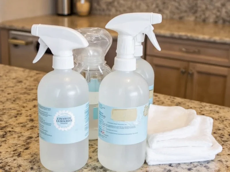 Three spray bottles with homemade granite cleaning solutions on granite countertop