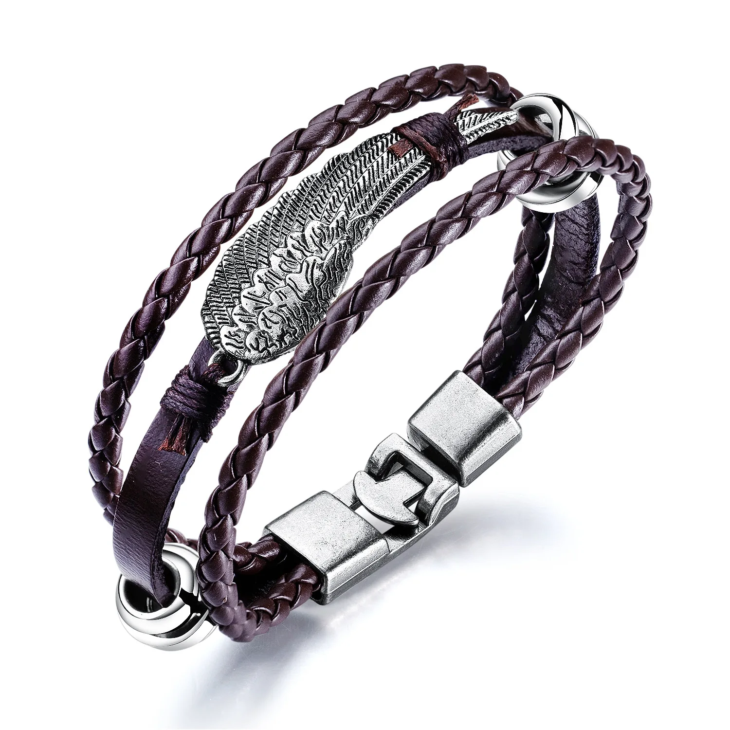 

Dylam Leather Bracelet Man Stainless Steel Wrist Bracelets Handmade Black Leaf Multilayer Layers Men Beads Accessories