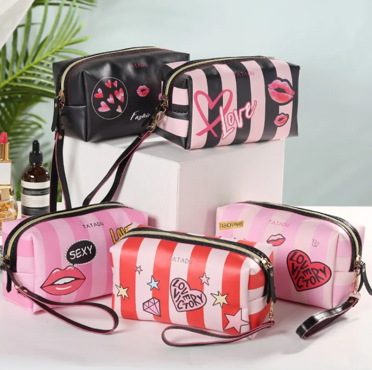 

Top Selling Custom Women Multicolor Kiss Makeup Travel Cosmetic PU Pouch Case Bag