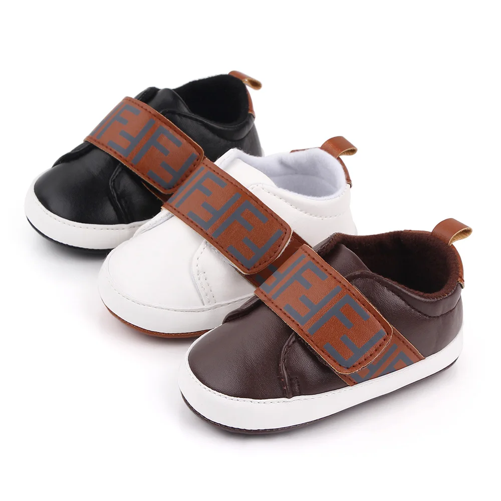 

2021 Baby shoes spring and autumn new casual letter toddler shoes soft sole PU leather baby shoes, Black/white/brown