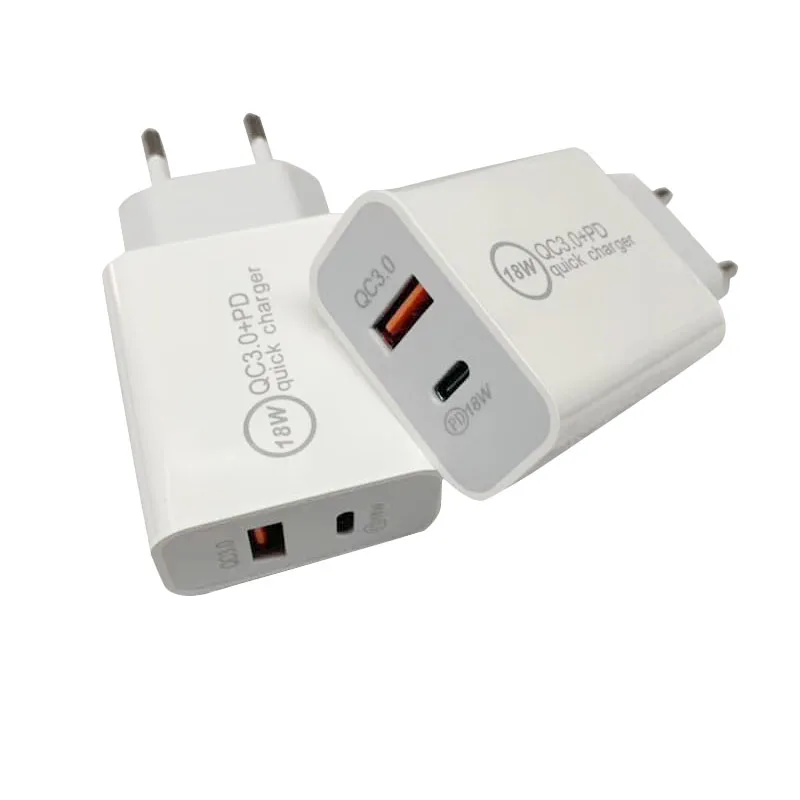 

Universal Fast Good Quality 18W Mobile Phone Charger Dual USB PD QC 3.0 Travel Use Adapter Wall Charger For IOS Android Devices, White/black