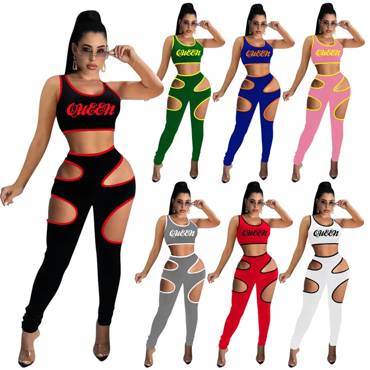 

Sexy Hollow Sleeveless Bra Top + Female skinnly Workout Leggings 2021 New Women's Sporting Trousers 2 Piece Sets, As picture