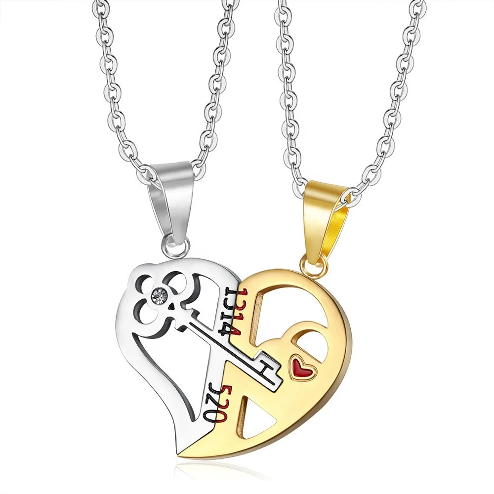 

Lock and Key Pendant Necklace Couple Broken Heart Necklace Stainless Steel Meaning Eternal Love Couple Necklace Jewelry Women, Picture shows