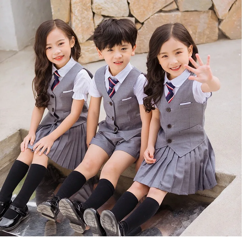 

High quality OEM custom short sleeve summer set design primary kids school uniforms for boys and girls, 1color