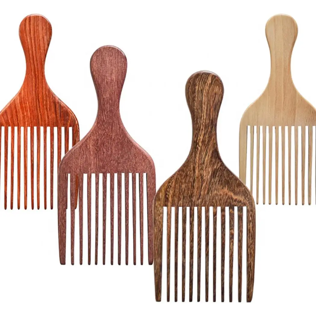 

Eco-friendly Custom Logo Anti-static Natural Wooden Sandalwood Afro Pick With Tooth Comb, Customized color