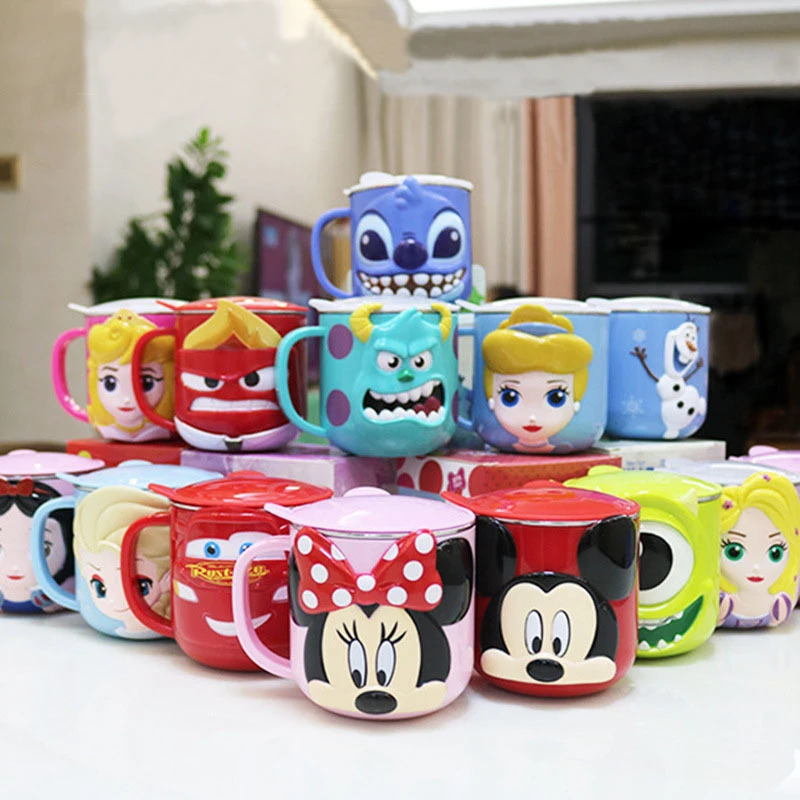 

RTS Double wall insulation mickey mouse mugs with lid 316 stainless steel cartoon children's mug plastic shell with handle