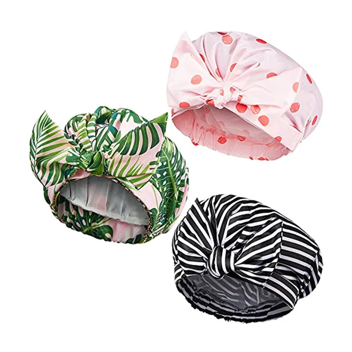 

large size ribbon bow bath cap personalized printing shower caps waterproof reusable long hair elastic shower caps for women