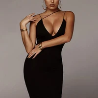 

Solid Color Deep V Collar Backless Spaghetti Strap Dress Ladies Sexy Pencil Maxi Dress