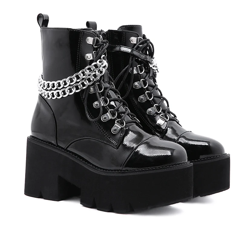 

Black Large Size Boot Women's Shoes with Chain Waterproof Platform Thick High-heeled Fashion Ankle Boots for Women