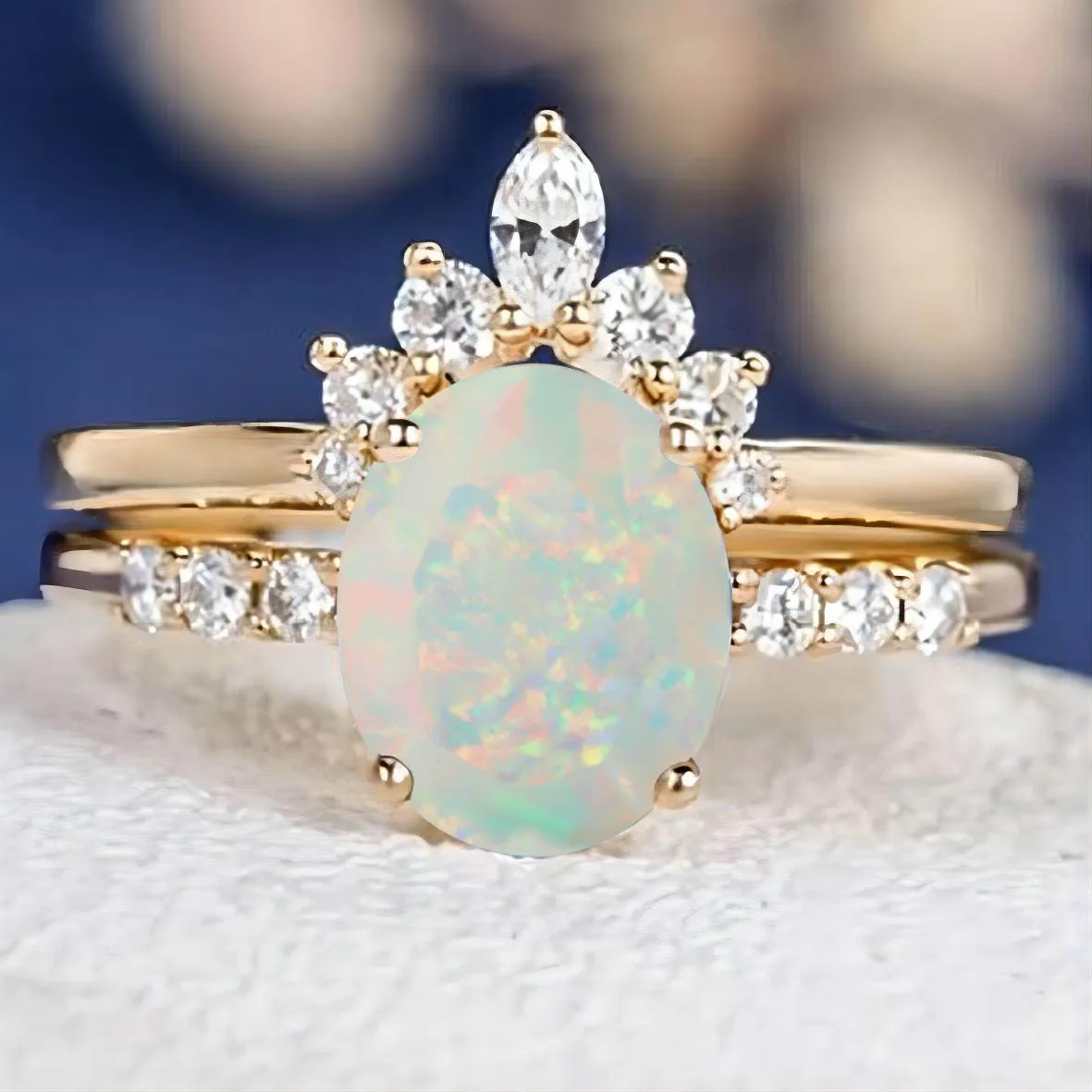 925 Sterling Silver Ring High Quantity Beautiful Jewelry Rose Gold Bound White Fire Opal Ring Set