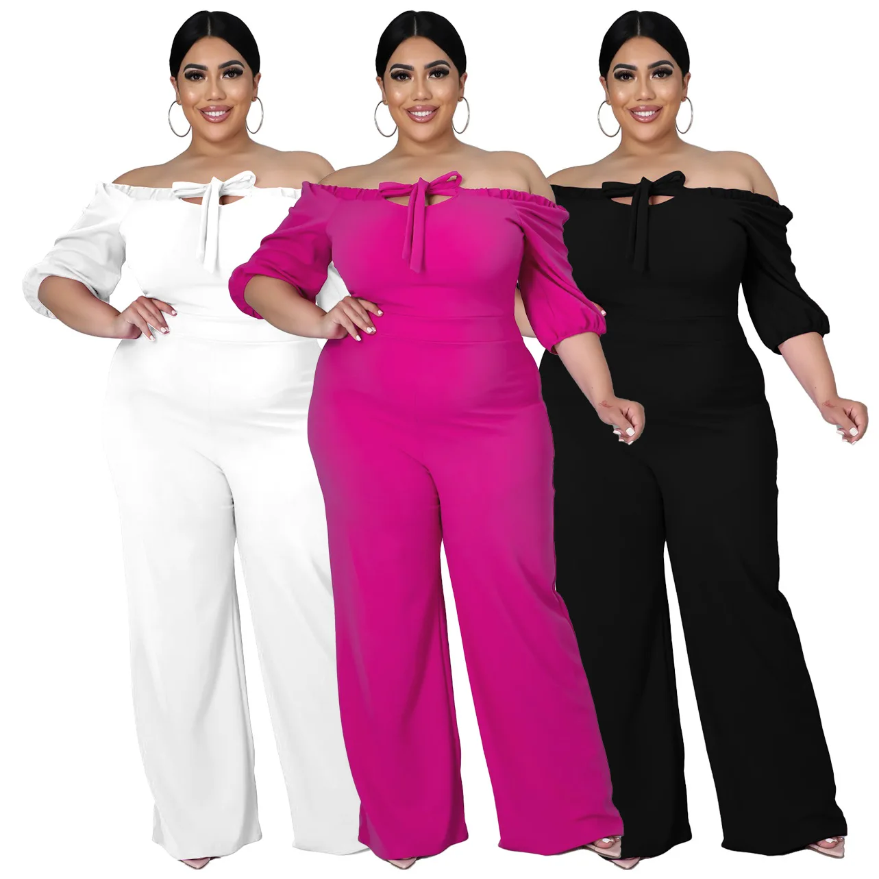 

PSWJ2033 Wholesale Newest Fashion Ladies Off Shoulder Long Pants Casual Plus Size Jumpsuit for Women, As show