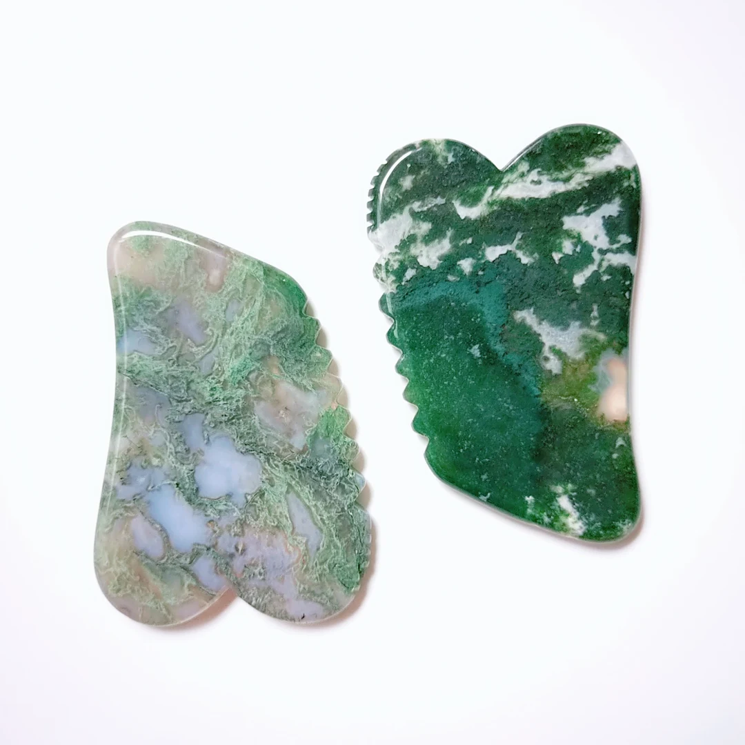 

Natural Gua Sha Jade Moss Agate Stone Face Board Tool Pink Heart Shaped Massage