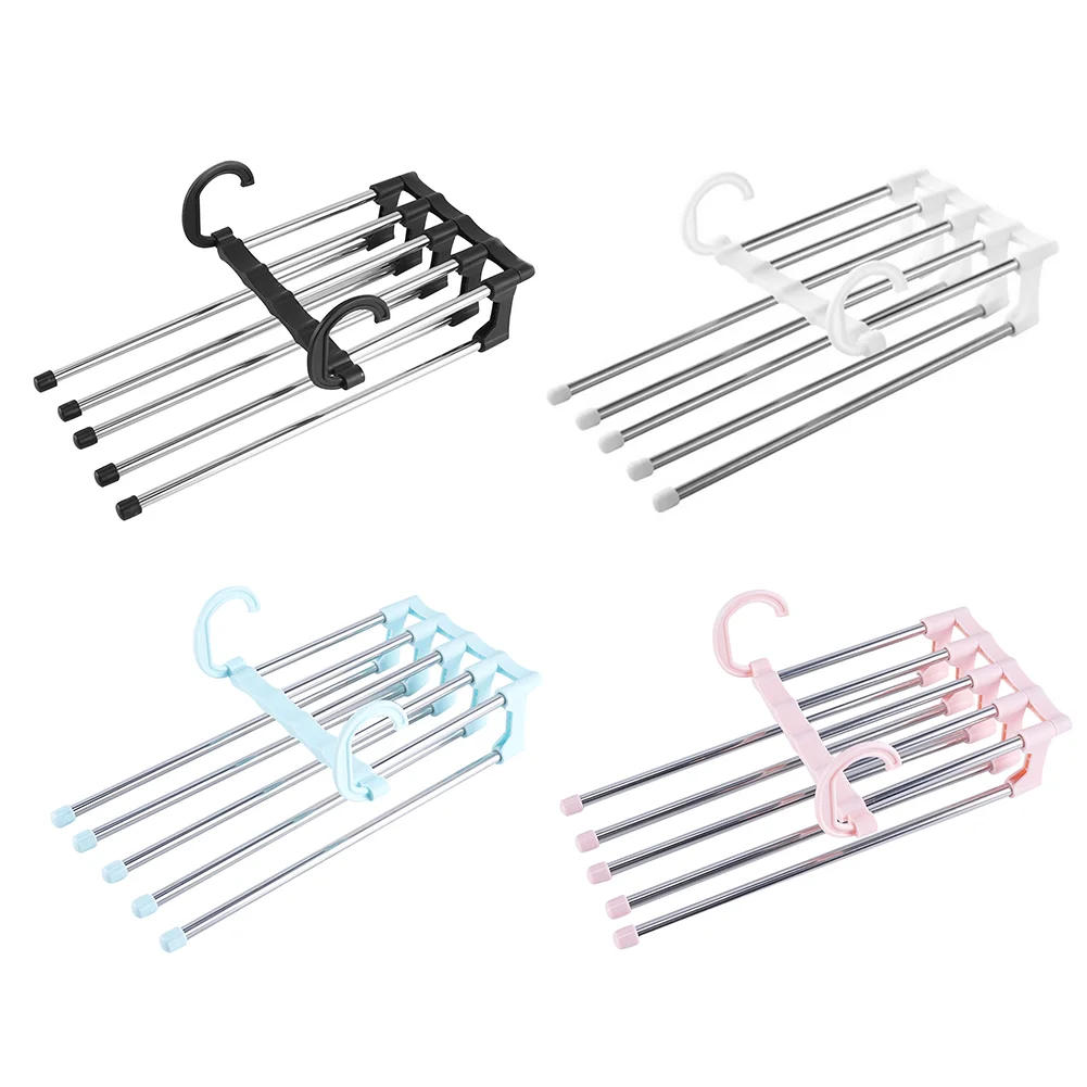 

hot sales skirt clothes wooden hangers Multi-functional 5 in 1 Trouser Storage Rack Adjustable Clothes Hanger