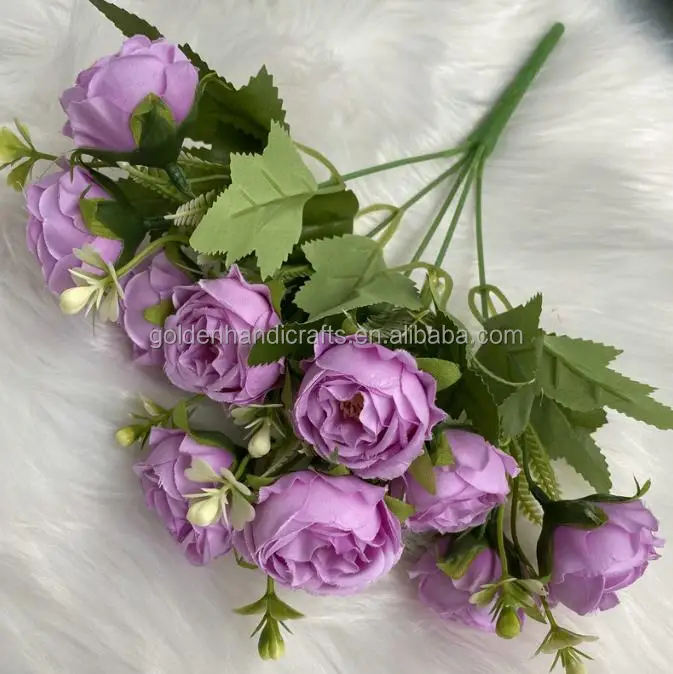 

QSLH-D196 Cheap Selling 10 Heads Rose Bouquets Artificial Flower Small Purple Roses Bunch Rose Buds For Wedding&Party Decoration