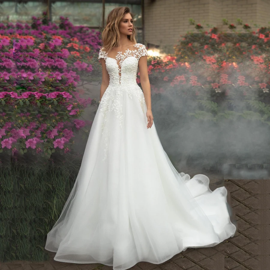 

FA198 Elegant Wedding Dress Short Sleeves Scoop Neck Wedding Gowns Tulle Applique White Bride Dress Vestido De Noiva Sweep Train, Default or custom