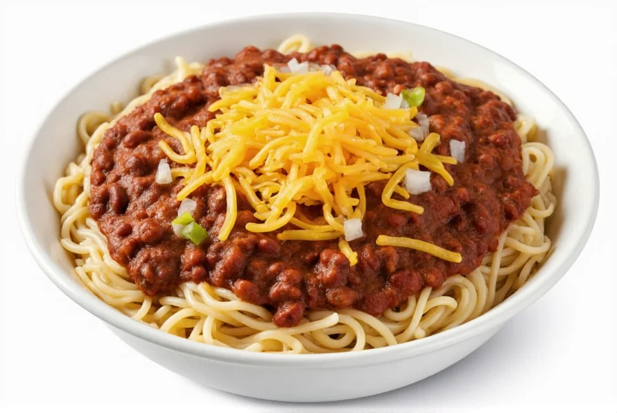 Skyline chili served as a 5-way with spaghetti, chili, cheese, onions, and kidney beans in a white bowl