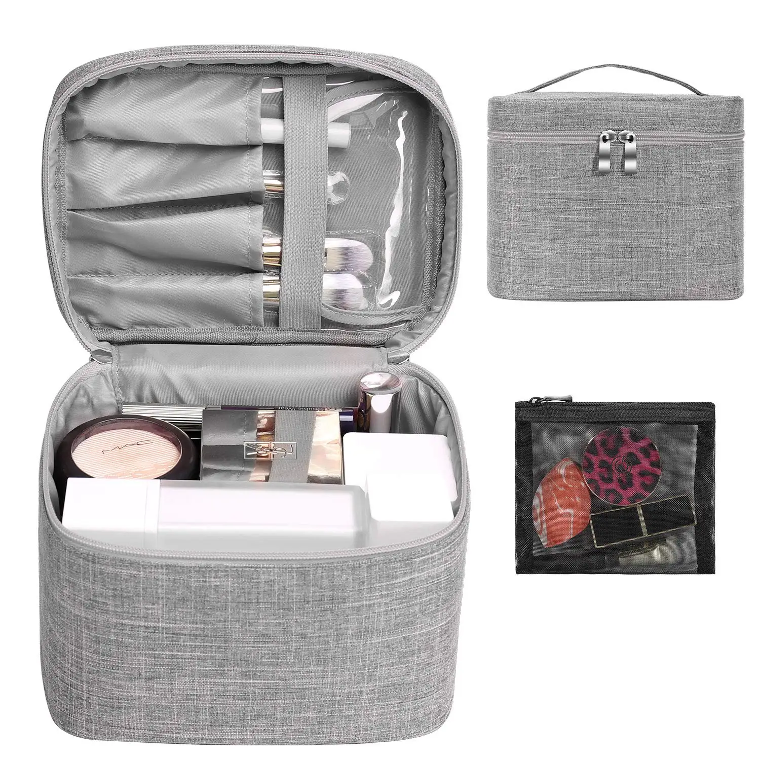 

Large Cosmetic Bag Case Organizer Pouch with Mesh Bag Brush Holder Make Up Toiletry Bags for Women, Picture or custom