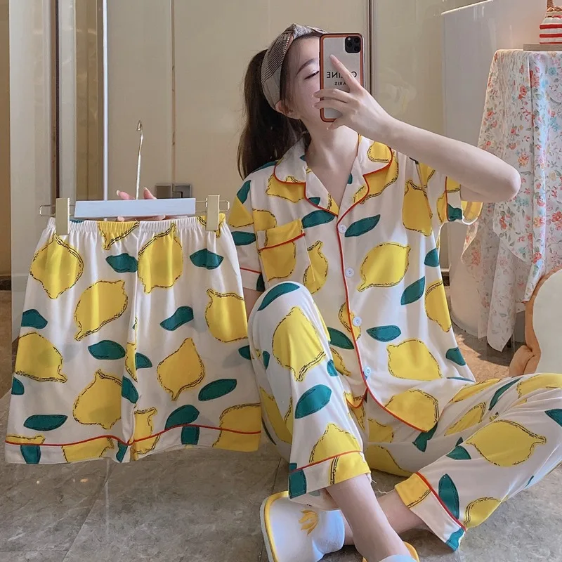 

Korean Spring Short Sleeve Sleepwear 3Pc Set Baju Tidur Import Daster Pijama Wanita Murah Pijama Mujer Pyjama Femme Pj For Women