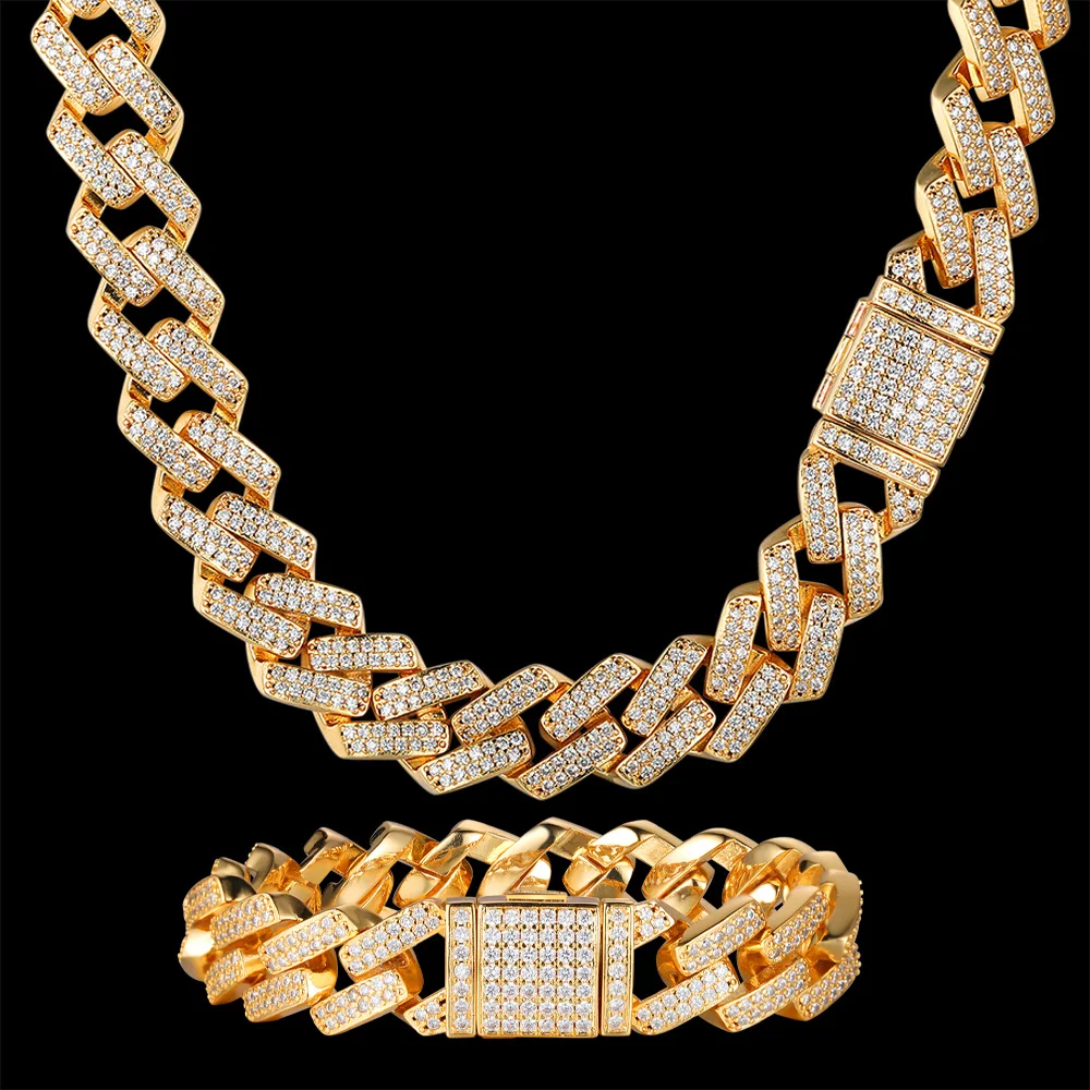 

100% Zircon CZ Hip Hop Miami Cuban Link Chain 14mm Baguette Bracelet Men Rhombus Necklace Iced Out Street Fashion Jeweley