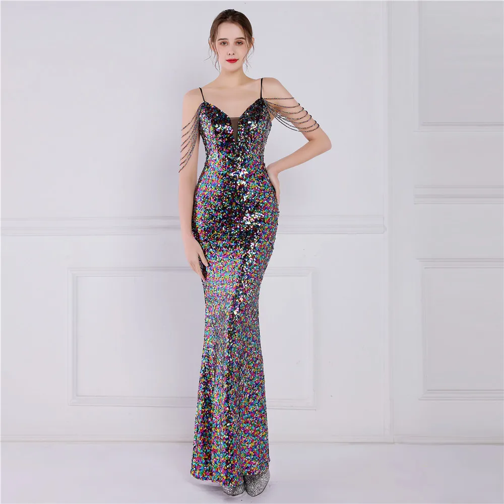 19186#sequin Gown Performance Network Celebrity Event Banquet Car Model Etiquette Evening Dress