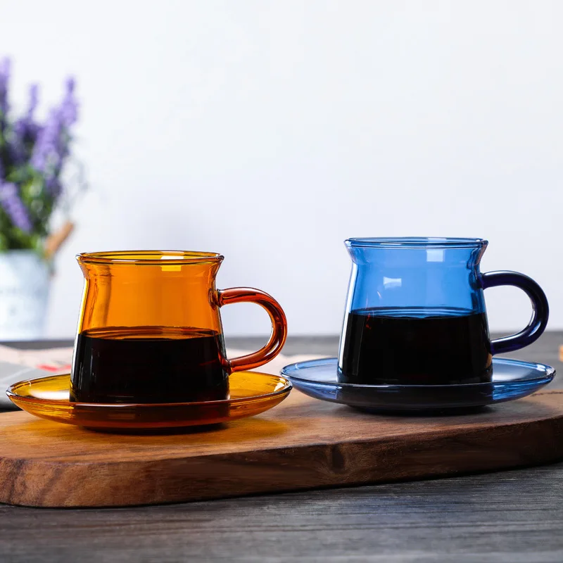 

Retro Glass Coffee Kettle Pot With Handle Cup and Saucer Set, Transparent